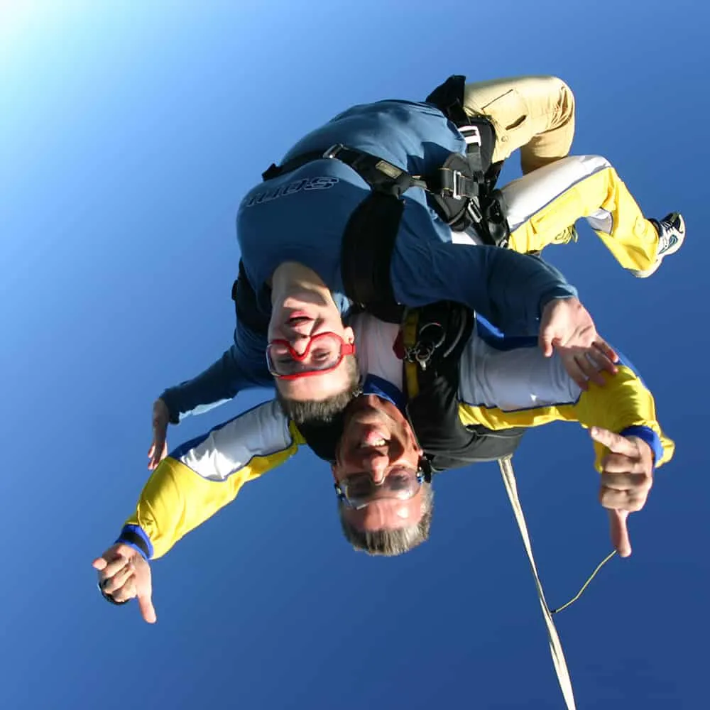 Paracaidistas en t&aacute;ndem sonr&iacute;en, mientras caen en un cielo azul claro.