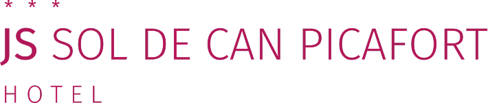 Hotel JS Sol de Can Picafort, texto en letras rosas sobre fondo negro.