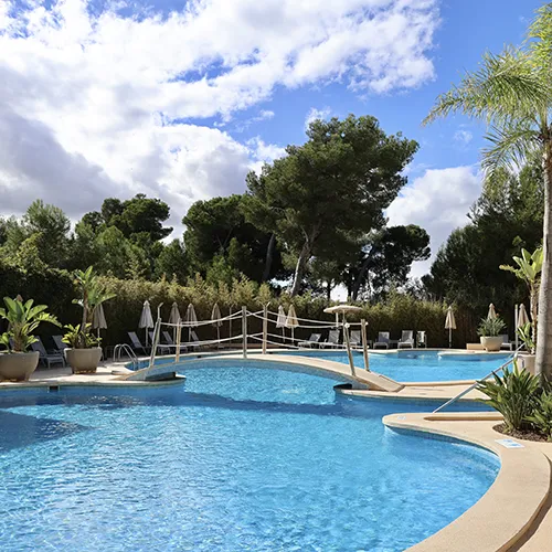 Piscina al aire libre rodeada de vegetaci&oacute;n y cielo parcialmente nublado.