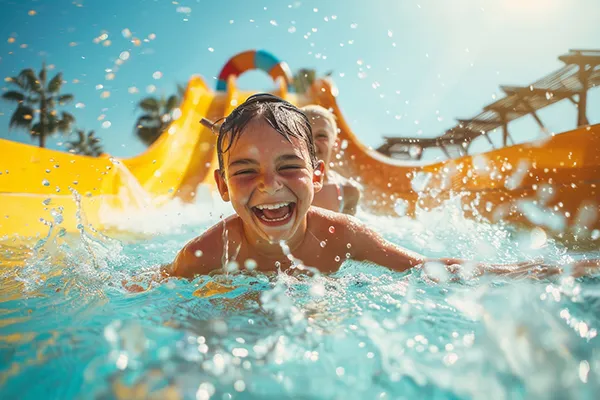 Ni&ntilde;o sonriente desliz&aacute;ndose en tobog&aacute;n de agua bajo el sol.