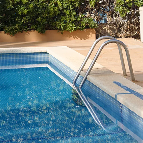 Piscina con escalera de metal y borde rodeado de plantas verdes.