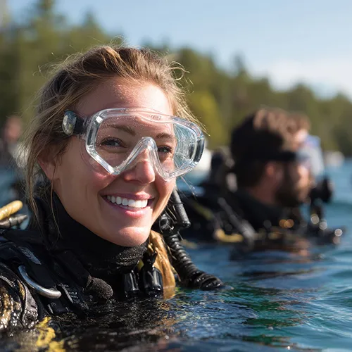 Persona sonriendo mientras bucea en el agua, rodeada de m&aacute;s buceadores.