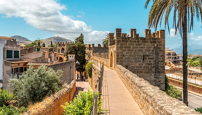 Murallas antiguas rodeadas de palmeras y edificios bajo un cielo azul.