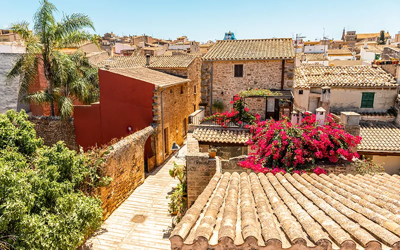 Calle empedrada y flores en pueblo mediterr&aacute;neo con casas de piedra.