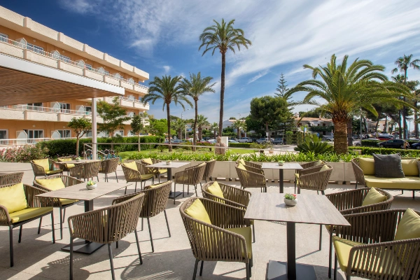 Terraza de restaurante al aire libre con mesas y sillas, rodeada de palmeras.