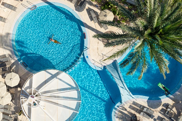 Vista a&eacute;rea de una piscina circular con palmera y tumbonas alrededor.