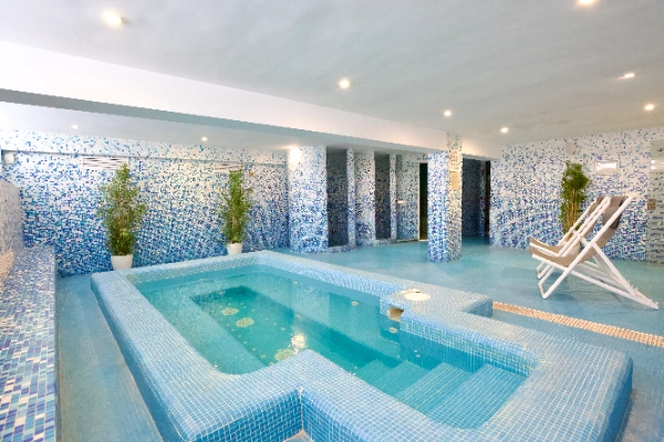 Piscina cubierta con mosaico azul, reposeras y plantas decorativas.