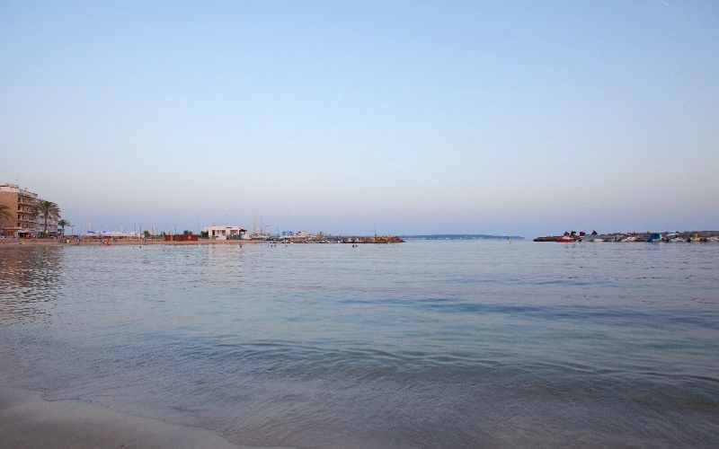 Vista del puerto al atardecer con cielo despejado y agua tranquila.