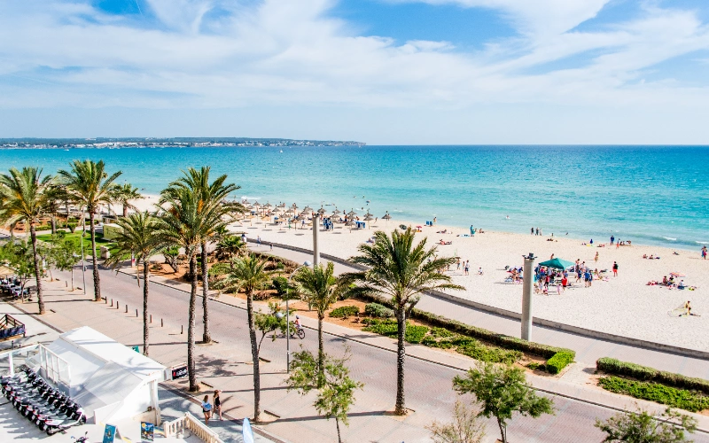 Playa con palmeras, mar azul y gente disfrutando del sol bajo sombrillas.