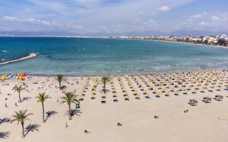 Playa con sombrillas y palmeras, mar azul y gente disfrutando del sol.