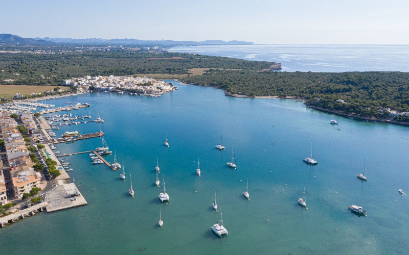 Bah&iacute;a con veleros anclados y costa verde al fondo bajo un cielo despejado.