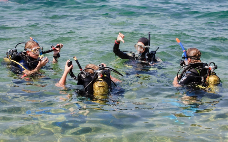 Personas buceando en grupo con equipo de buceo en el agua.