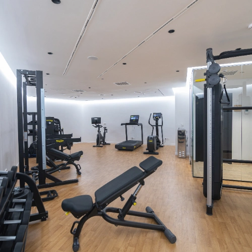 Gimnasio con m&aacute;quinas y equipo para ejercicio sobre suelo de madera.