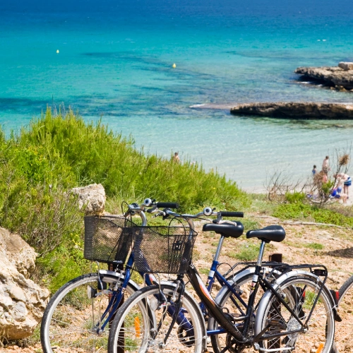 Bicicletas estacionadas cerca de una playa con agua turquesa y fondo rocoso.