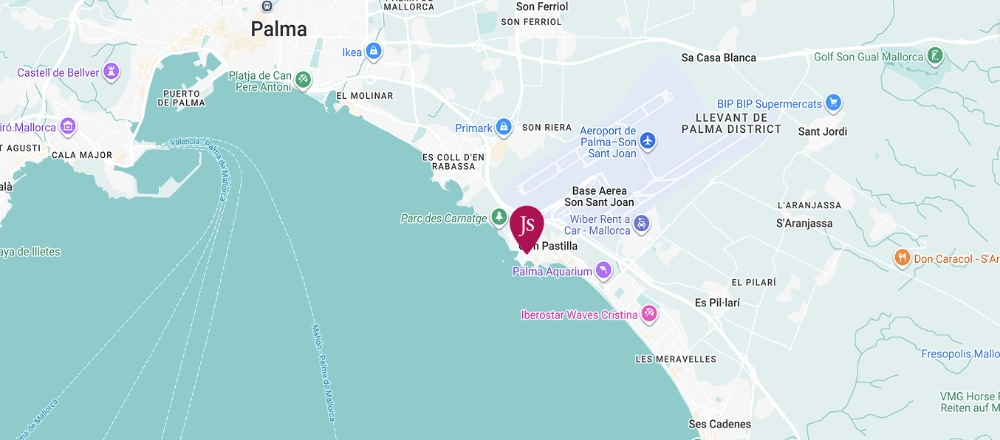 Mapa que muestra Palma y sus alrededores, incluyendo el aeropuerto y el mar.