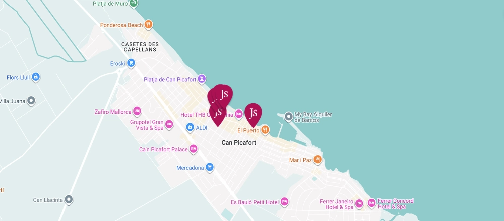 Mapa de Can Picafort con hoteles y puntos de inter&eacute;s destacados.