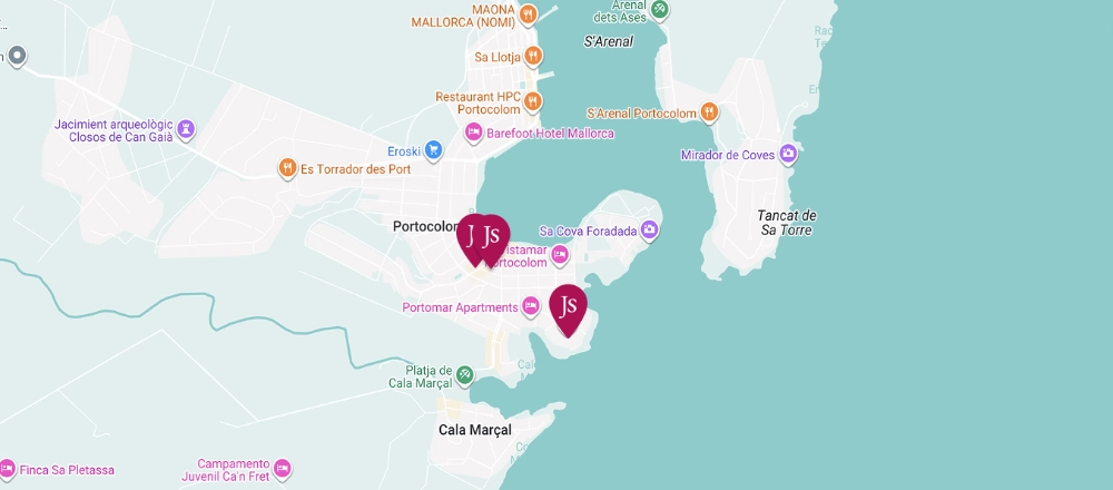Mapa de Portocolom, Mallorca, con puntos marcados en Cala Mar&ccedil;al.