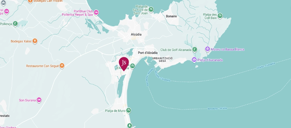 Mapa de Alc&uacute;dia, Mallorca, mostrando lugares de inter&eacute;s y puntos tur&iacute;sticos.