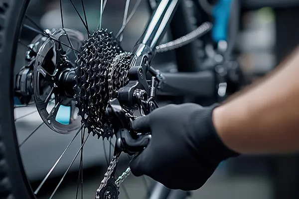 Mano con guante negro ajustando el cambio de una bicicleta.