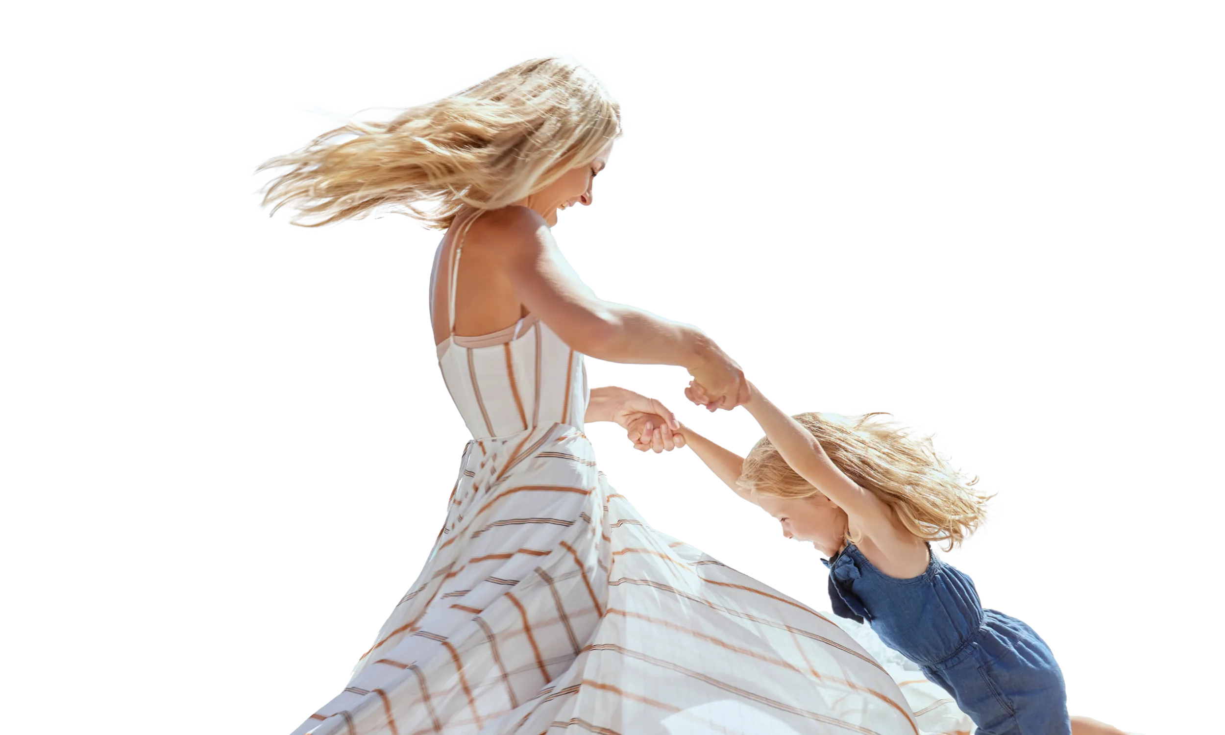 Mujer y niña de la mano girando felices sobre fondo transparente.