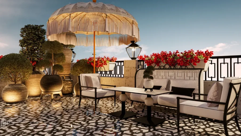 Terraza elegante con muebles blancos y plantas bajo una sombrilla decorativa.