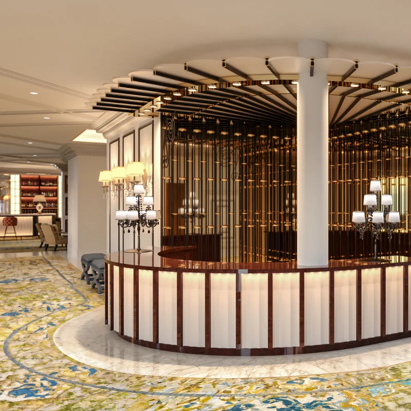 Recepci&oacute;n elegante en lobby de hotel con dise&ntilde;o moderno y luces suaves.