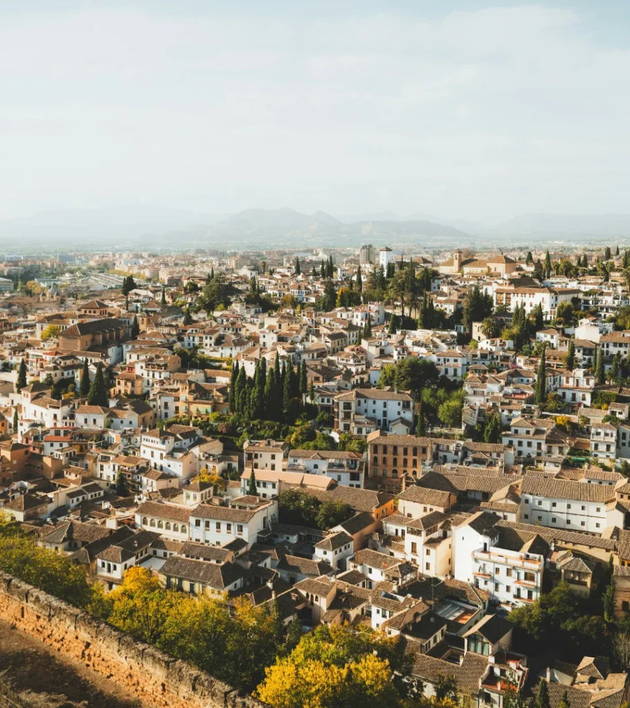 Vista a&eacute;rea de una ciudad con casas y vegetaci&oacute;n, monta&ntilde;as al fondo.
