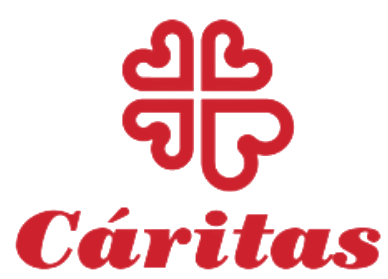 Logo de Cáritas con un símbolo de corazón rojo.