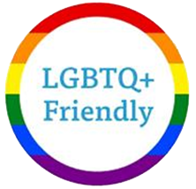 Círculo con los colores del arcoíris y texto: "LGBTQ+ Friendly".