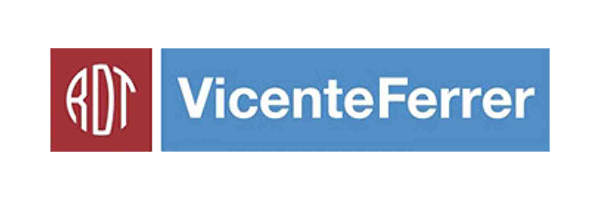 Logotipo de Vicente Ferrer con fondo azul y letras blancas.