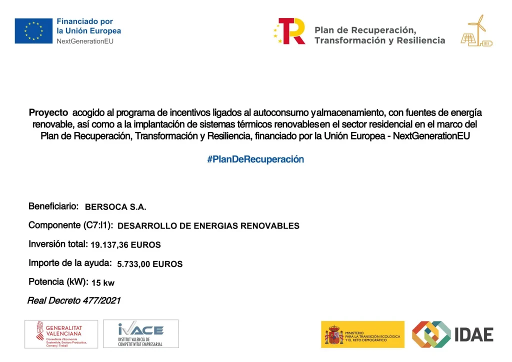 Proyecto de energías renovables, inversión 19.137€, ayuda 5.733€, potencia 15 kW.