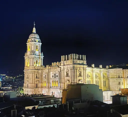 Catedral iluminada por la noche, destacando en un paisaje urbano oscuro.