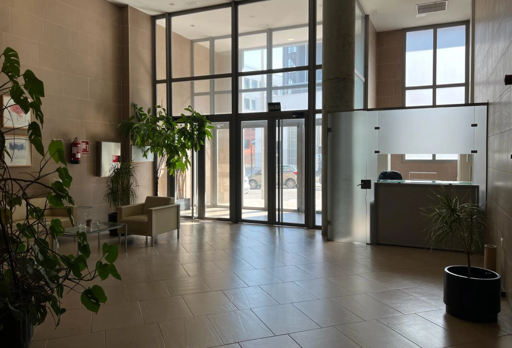 Vest&iacute;bulo moderno con plantas, sill&oacute;n claro, mesa de cristal y puerta de vidrio hacia el exterior.