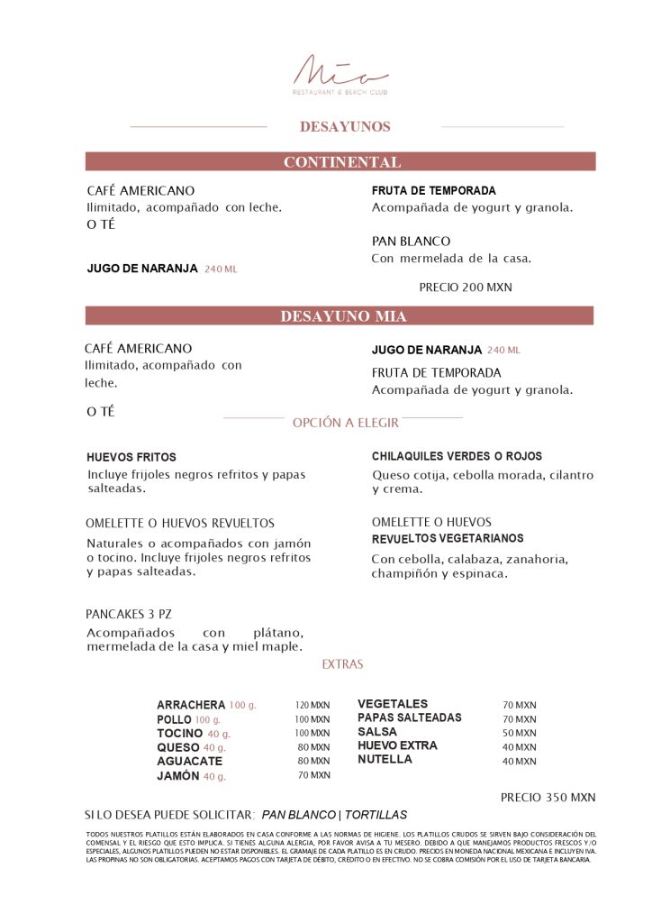 menu - M&iacute;a Tulum Resort