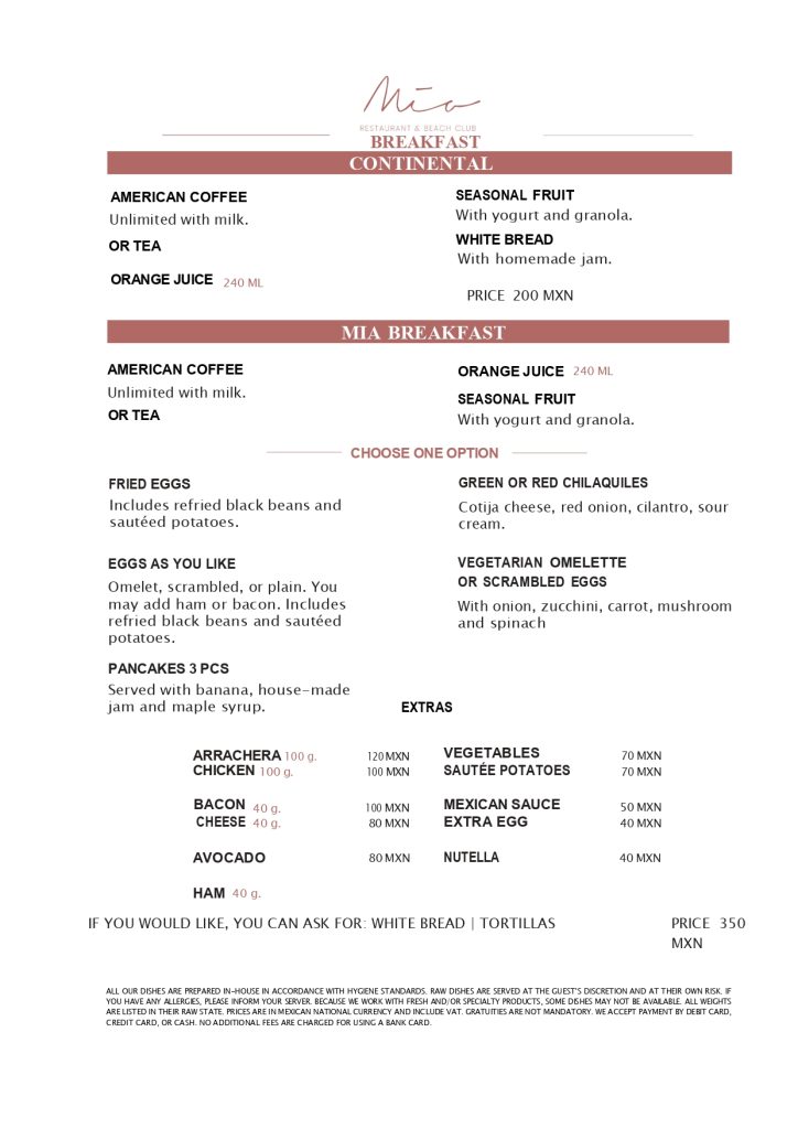 menu - M&iacute;a Tulum Resort
