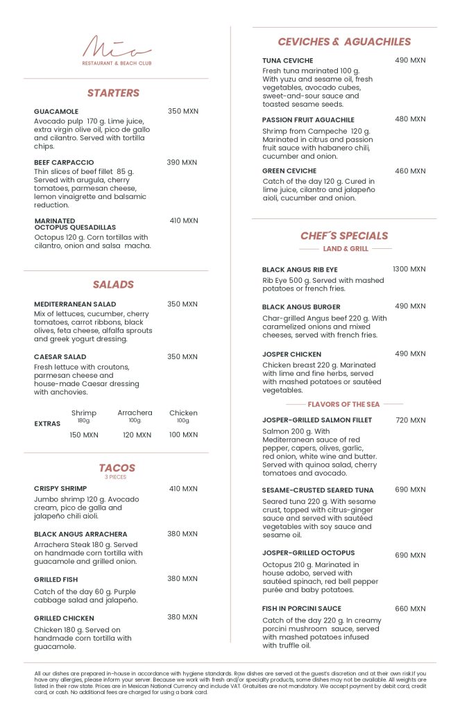 menu - M&iacute;a Tulum Resort