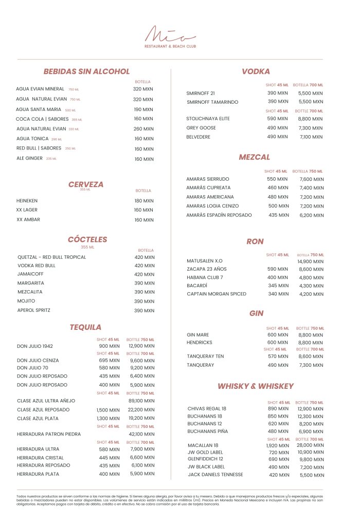 menu - M&iacute;a Tulum Resort