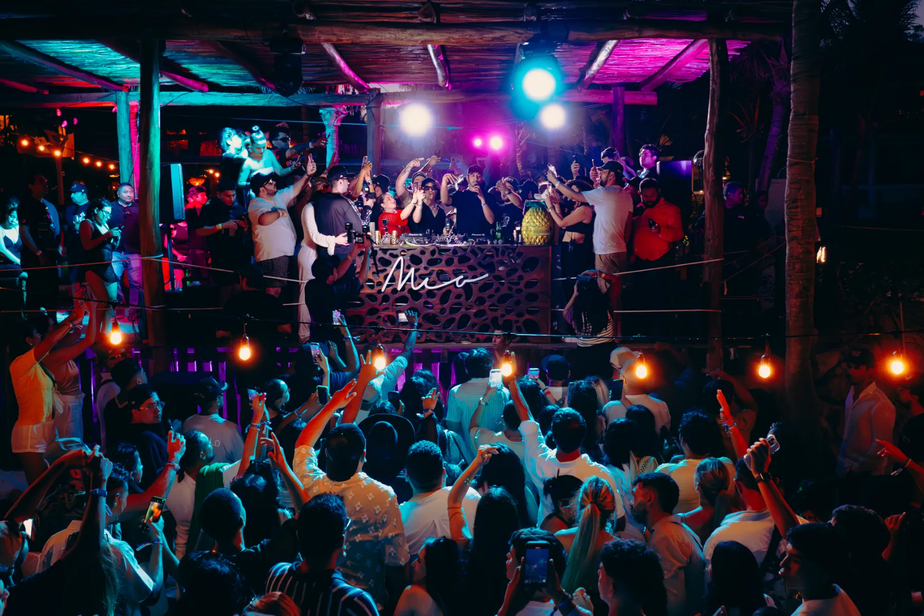 Multitud disfrutando de una fiesta nocturna con luces y música en vivo.