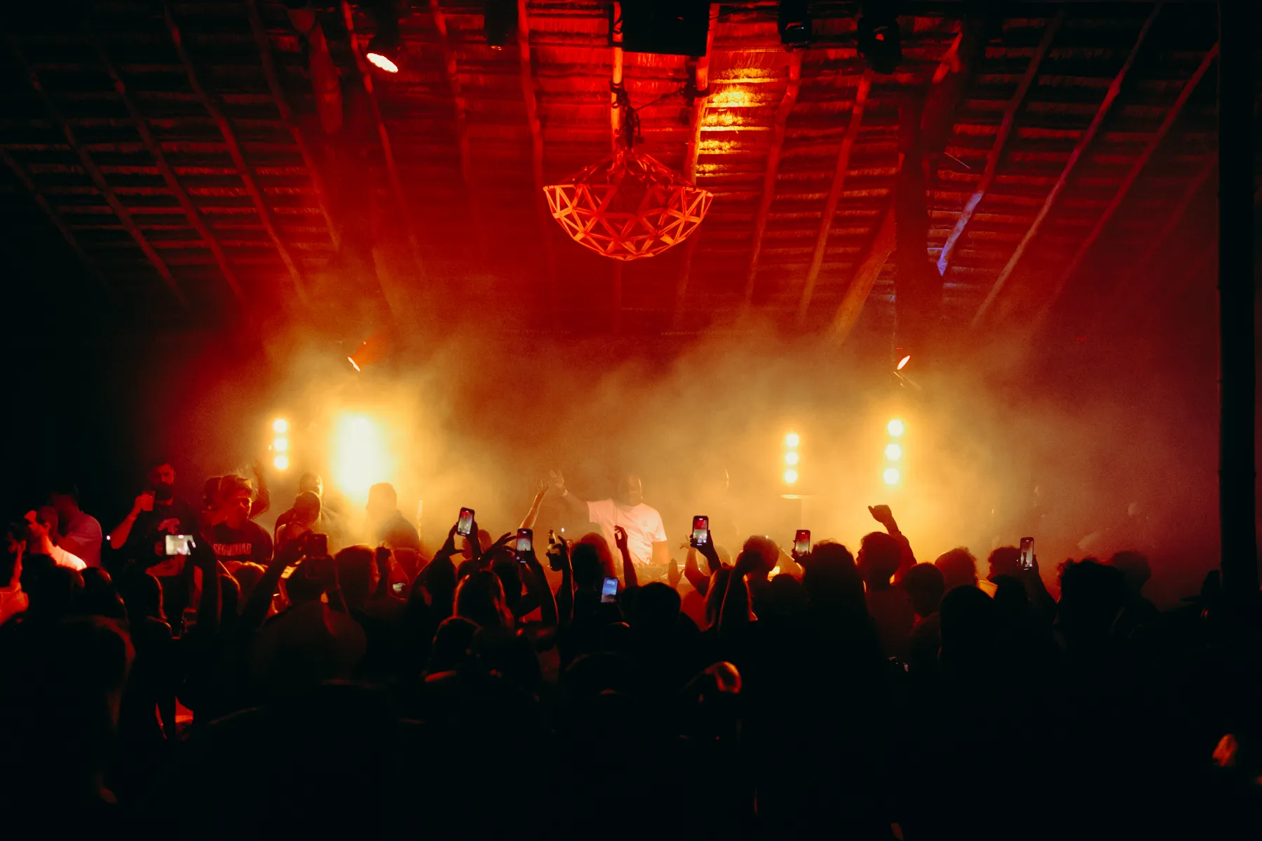 Multitud disfrutando un concierto bajo luces y humo en un ambiente nocturno.