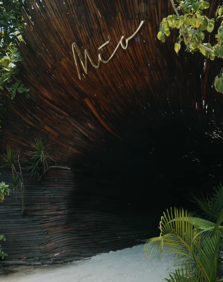 Entrada de madera curva con plantas verdes y letrero que dice "M&iacute;o" arriba.