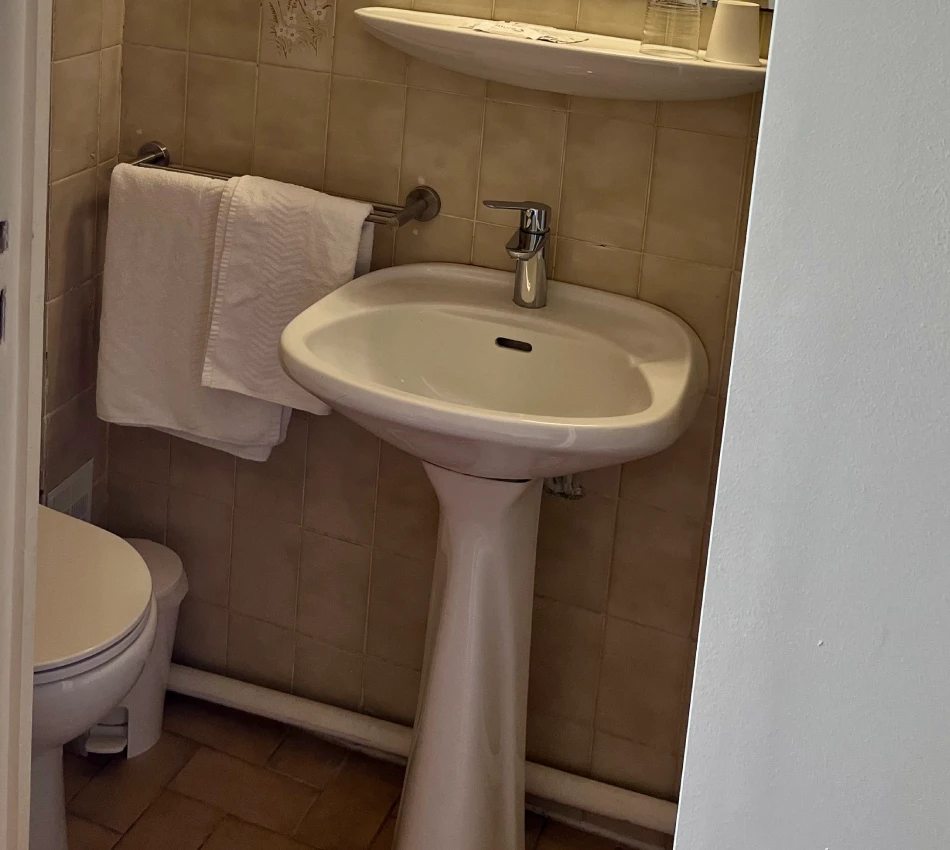 Petite salle de bain avec lavabo, toilettes et serviette suspendue.