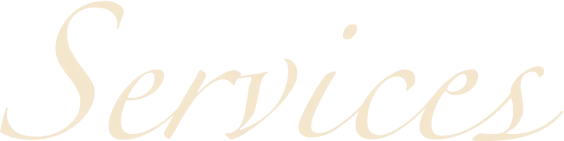 Texto "Services" en cursiva en color beige sobre fondo transparente.