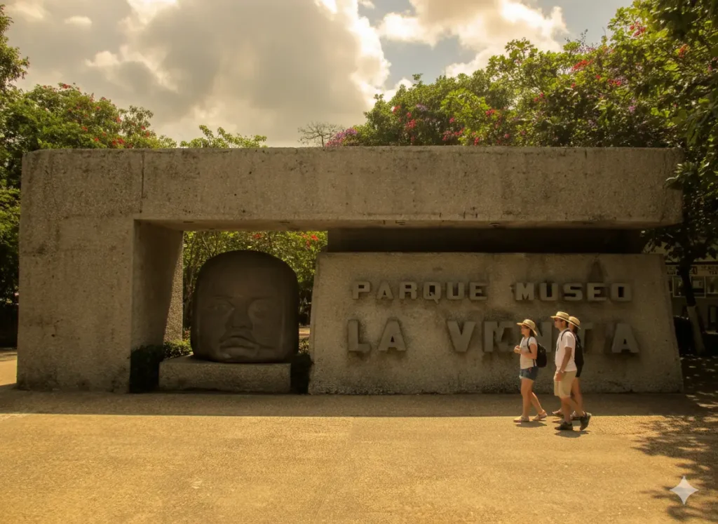 Entrada al Parque Museo La Venta con cabeza olmeca y tres personas caminando. Cielo nublado y vegetaci&oacute;n alrededor.