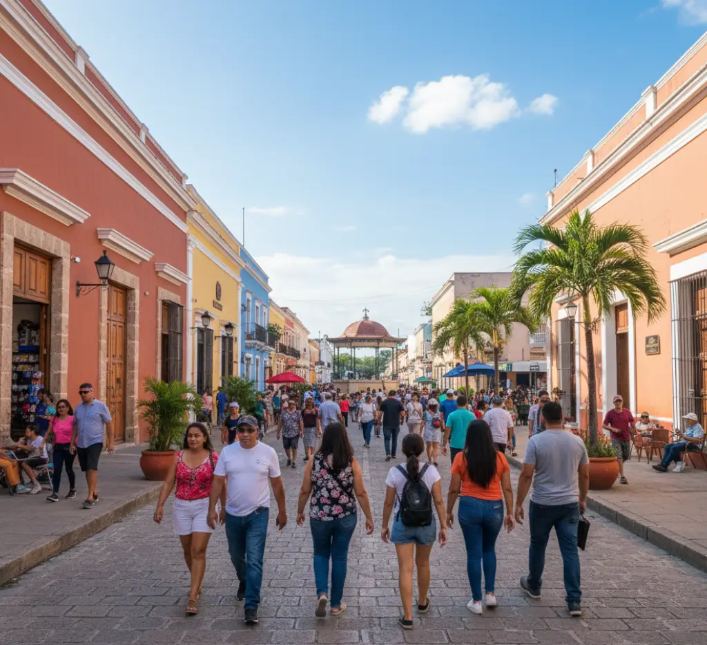Calle peatonal llena de gente, rodeada de edificios coloridos y palmeras bajo un cielo azul.