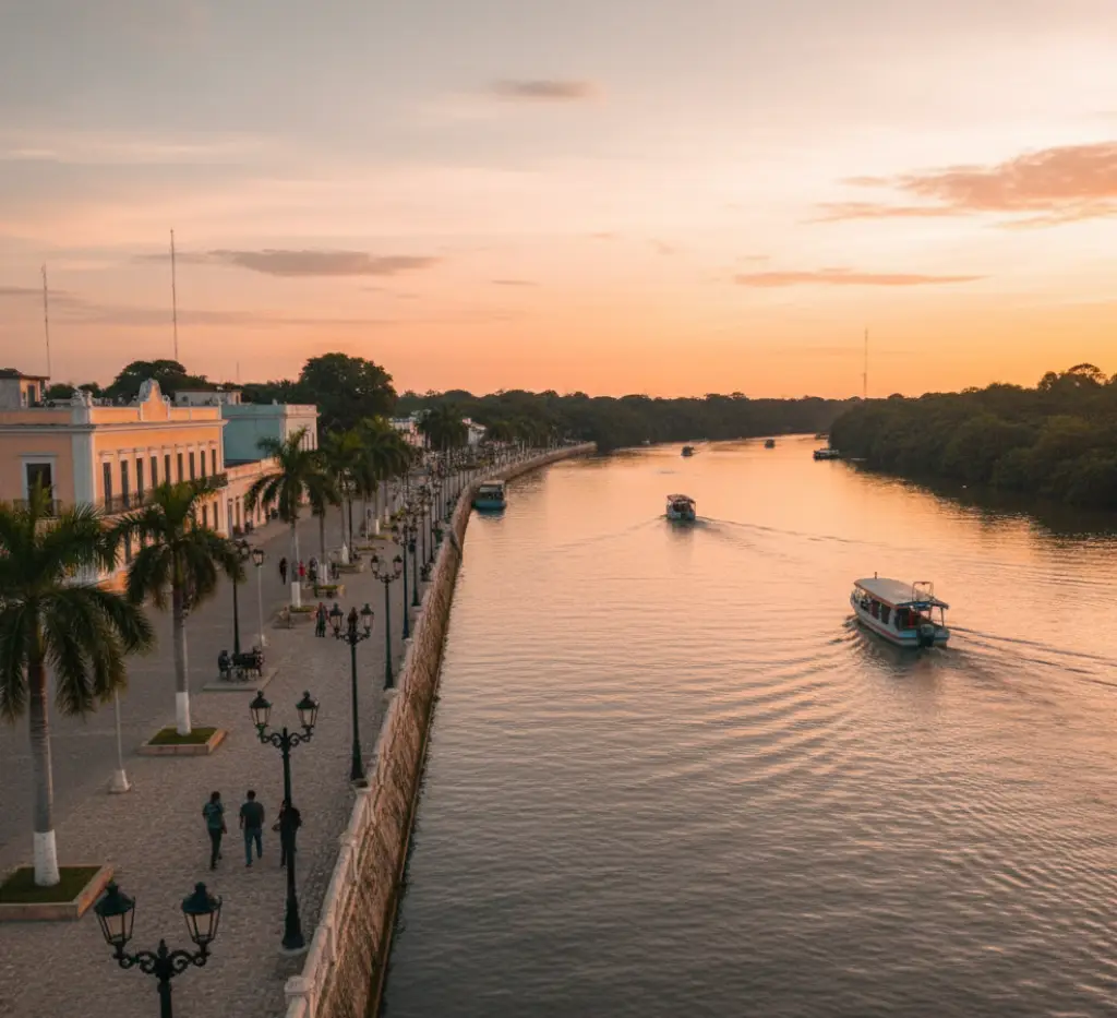 Paseo junto a un r&iacute;o al atardecer, con botes en el agua y edificios coloridos a un lado, bordeados por palmeras.