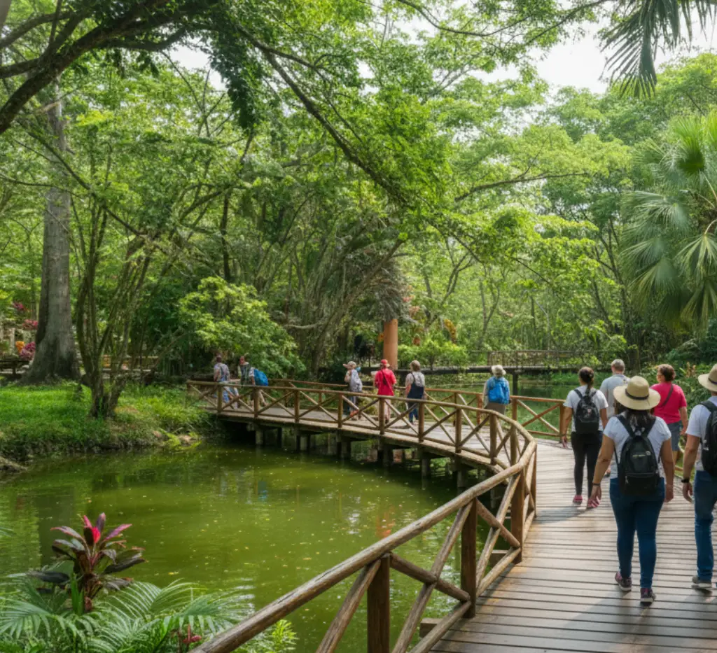 Personas caminando por un puente de madera rodeado de vegetaci&oacute;n exuberante en un parque natural.