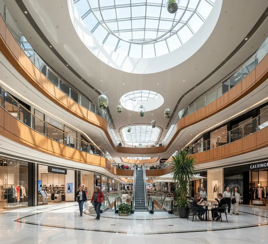 Centro comercial moderno con tragaluz, tiendas, dos plantas, escaleras mec&aacute;nicas, personas caminan y se sientan en mesas.