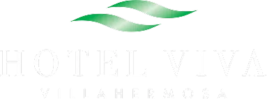 El logo muestra "Hotel Viva Villahermosa" con dos hojas verdes estilizadas arriba del texto.