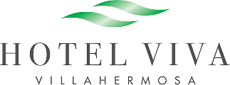 Logo de Hotel Viva Villahermosa con letras negras y dise&ntilde;o de hojas verdes en la parte superior.
