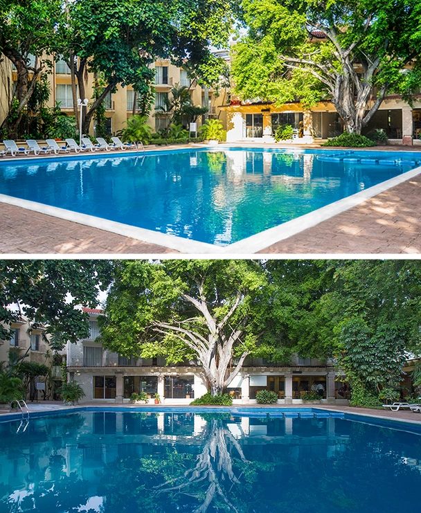 Piscina al aire libre rodeada de &aacute;rboles y edificios, con sillas blancas en la orilla y un reflejo en el agua clara.